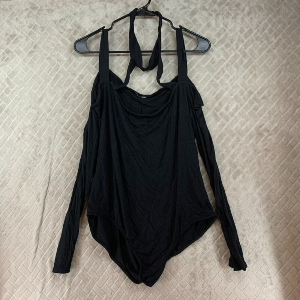 Fashion Nova Sz M One Piece Body Suit Black Long Sleeve Cold Shoulder High Neck